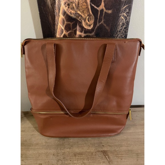 Joy Mangano Cognac Brown Pebbled Leather Tote Bag with Bottom Compartment - Picture 4 of 4